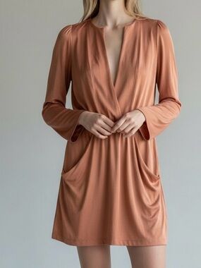 Reformation Peach Mini Dress 2 Deep V Long Sleeve Spring Wedding Guest Pockets